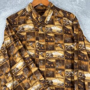 Woolrich Shirt Mens XL Brown Outdoor Woodcut Boxes Bear Bird Print Hiking Nature